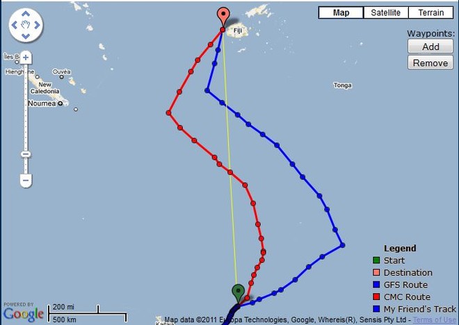 ORMA60 TVS route options - 1200hrs 6 June 2011 Auckland - Musket Cove, Fiji Race - the routes become less extreme - surprisingly both routes have TVS arriving at the same time in Musket Cove © PredictWind.com www.predictwind.com